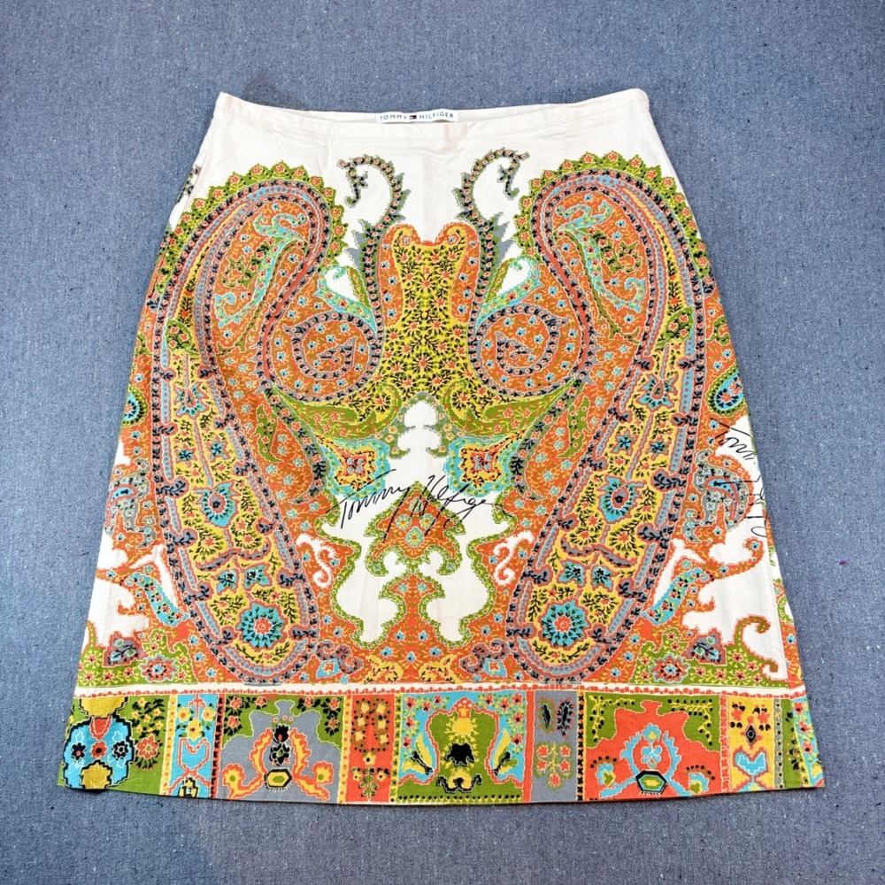 Tommy Hilfiger Paisley Print A-Line Cotton Skirt Orange Green Size 10